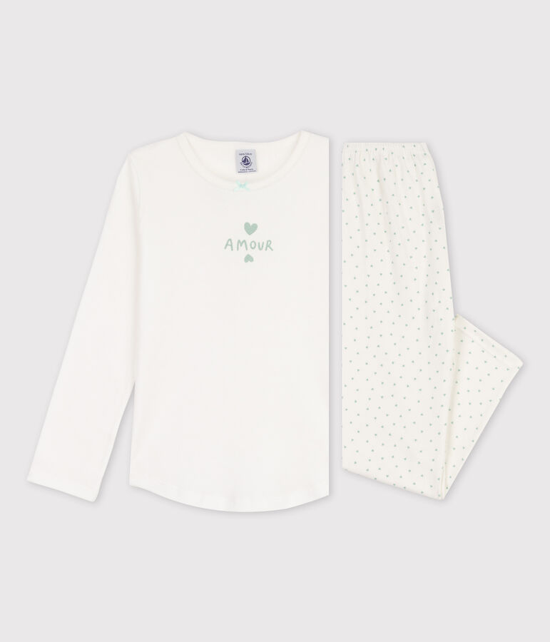 Pyjama petits coeurs petite fille en coton blanc/vert