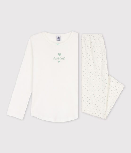 Pyjama petits coeurs petite fille en coton blanc MARSHMALLOW/ HERBIER