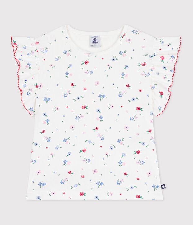 Tee-shirt enfant manches courtes en coton imprim&eacute; fleurs blanc/multicouleur