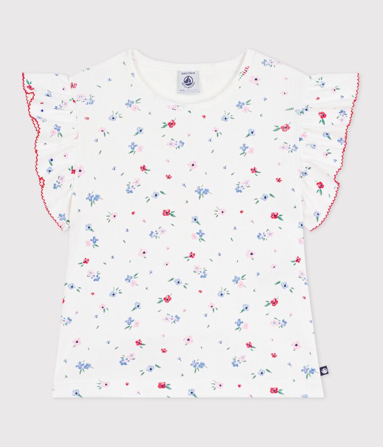 Tee-shirt enfant manches courtes en coton imprim&eacute; fleurs blanc MARSHMALLOW/blanc MULTICO