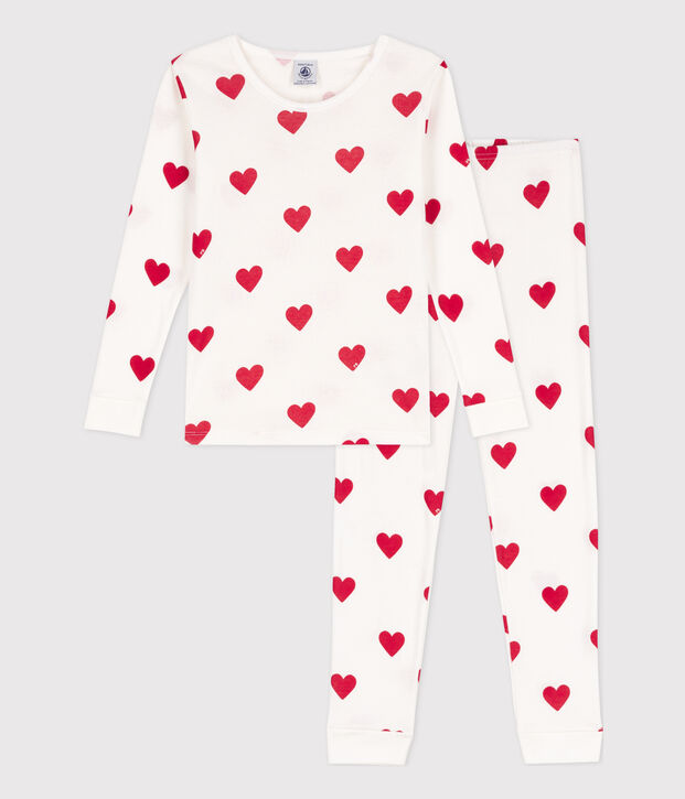 Pyjama ajust&eacute; coeurs en coton enfant blanc/rouge