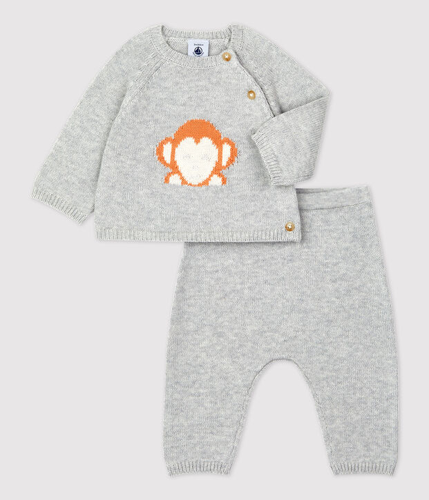 Ensemble 2 pi&egrave;ces jacquard en tricot bio b&eacute;b&eacute; gris chin&eacute; clair