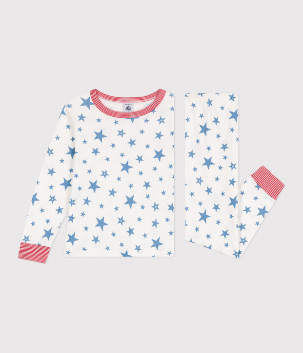 Pyjama enfant en coton imprim&eacute; &eacute;toiles blanc/bleu