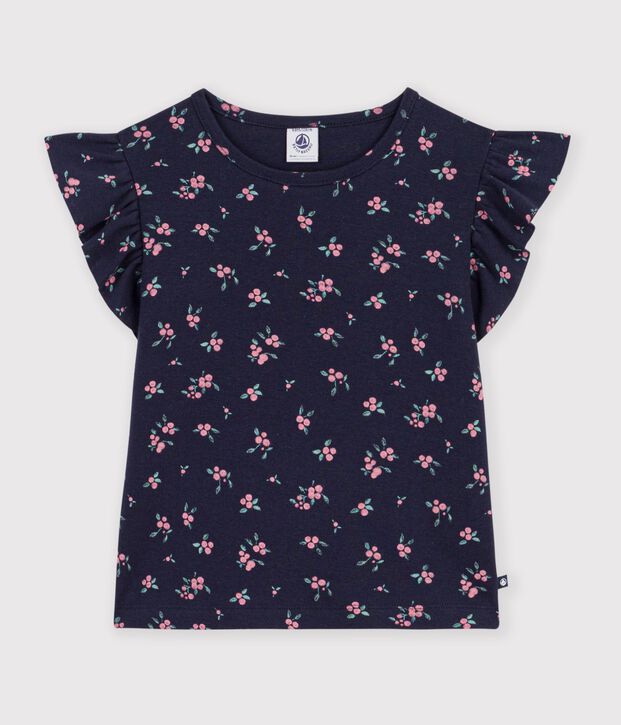 Tee-shirt enfant manches courtes imprim&eacute; fleurs bleu/multicouleur