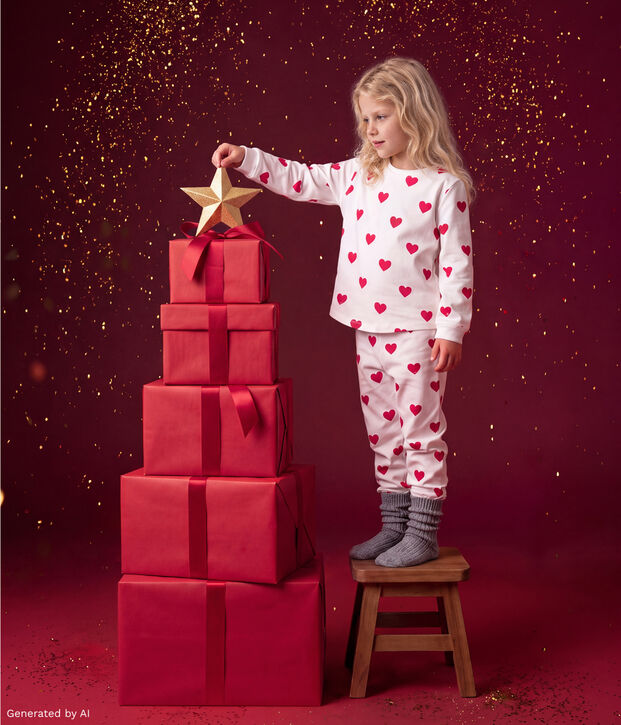Pyjama enfant mixte en coton imprim&eacute; c&oelig;urs blanc/rouge