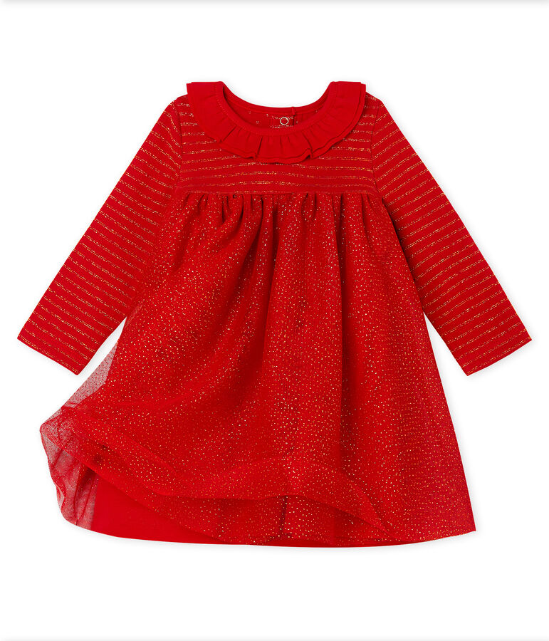 Robe manches longues bi-mati&egrave;re b&eacute;b&eacute; fille rouge/jaune
