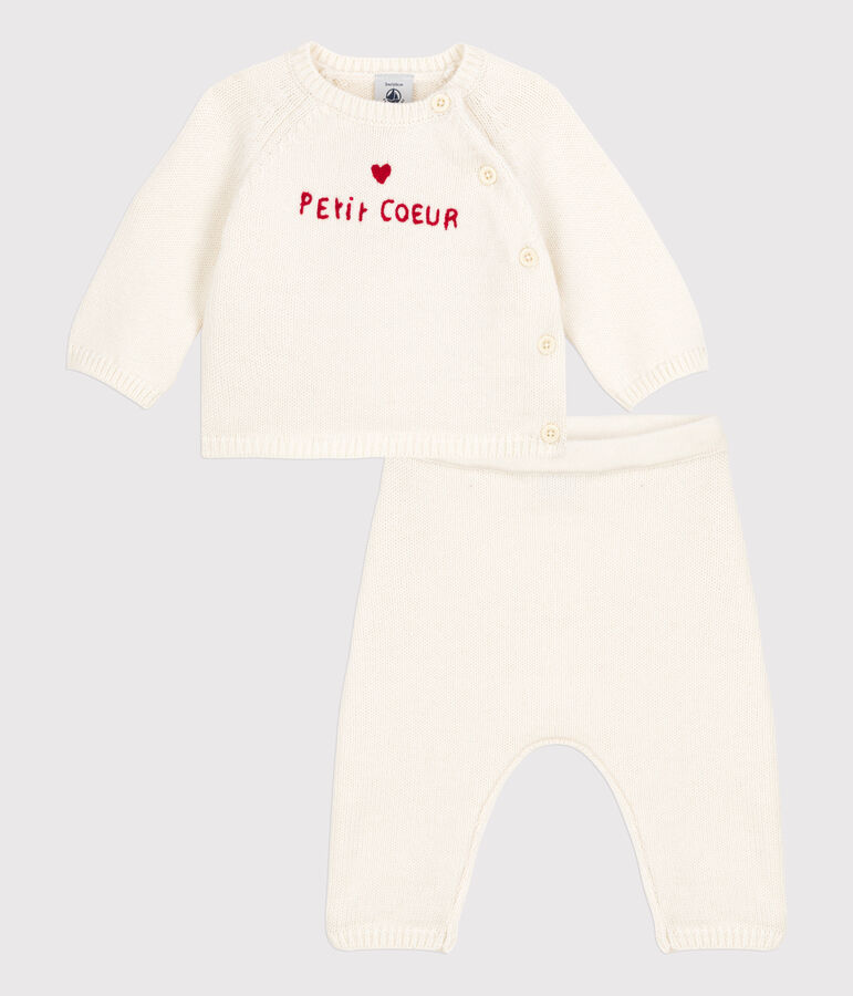 Ensemble 2 pi&egrave;ces b&eacute;b&eacute; en tricot laine et coton blanc MARSHMALLOW