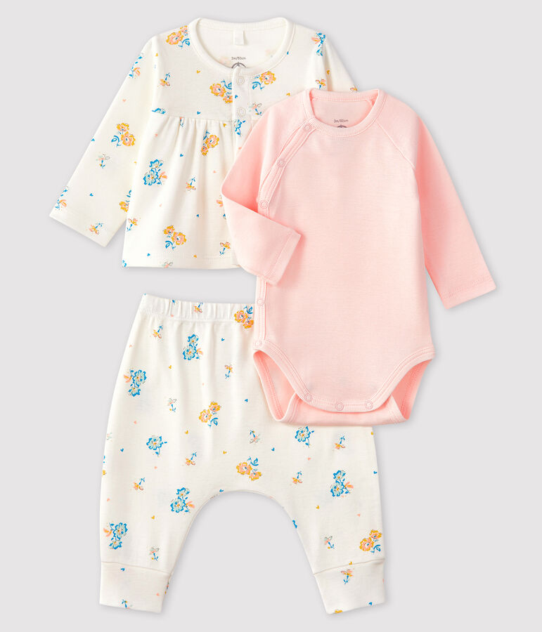 Ensemble 3 pi&egrave;ces b&eacute;b&eacute; fille en c&ocirc;te blanc MARSHMALLOW/blanc MULTICO