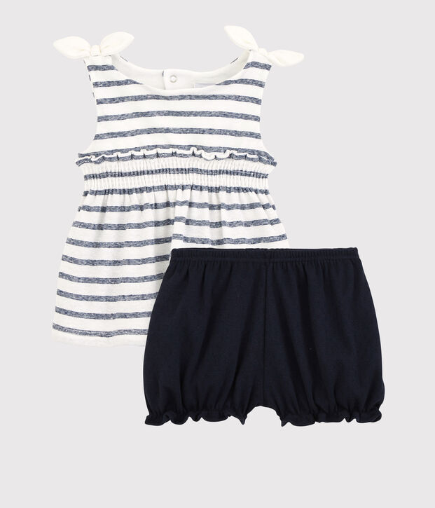 Ensemble blouse + bloomer en coton/lin b&eacute;b&eacute; fille blanc/bleu
