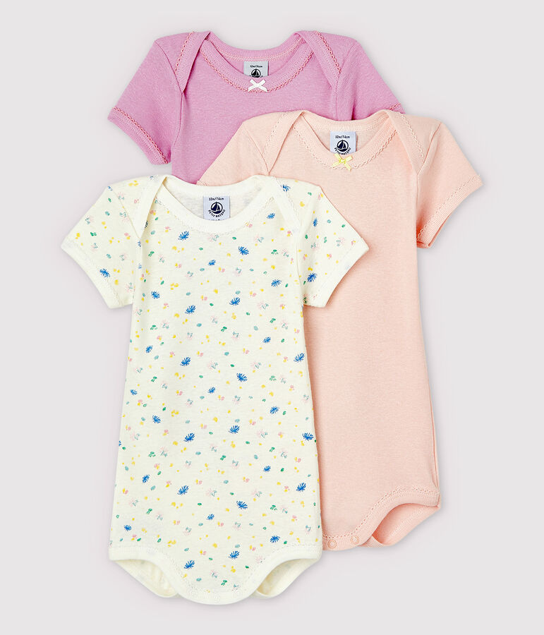 Lot de 3 bodies manches courtes printanier b&eacute;b&eacute; en coton et lin multicouleur