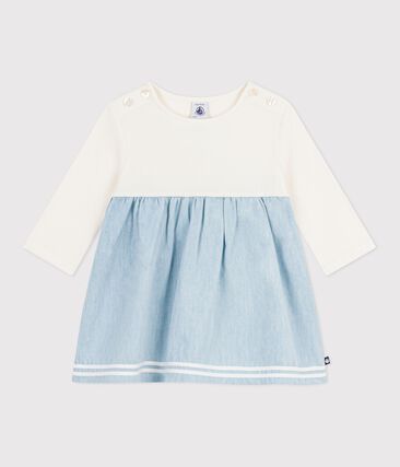 Robe bébé bi-matière manches longues, en coton et chambray