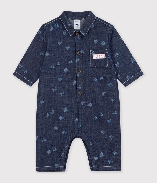 Combinaison longue b&eacute;b&eacute; en denim imprim&eacute; bateaux bleu/&eacute;cru