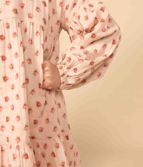 Robe manches longues en gaze de coton fleurie enfant fille rose SALINE/blanc MULTICO