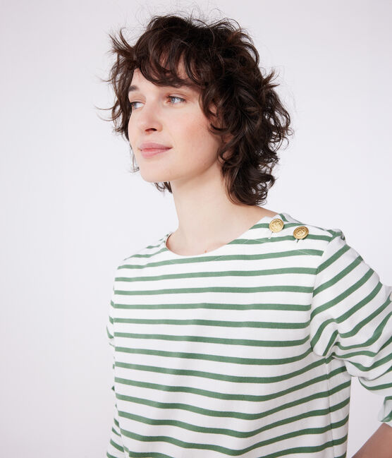 Marinière femme en coton manches longues vert MARSHMALLOW/ PALMERAIE