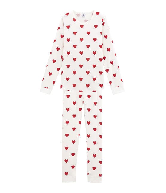 Pyjama fille en côte blanc MARSHMALLOW/rouge TERKUIT
