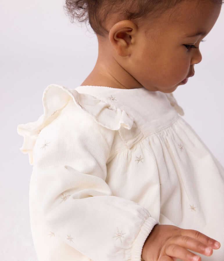 Robe b&eacute;b&eacute; en velours c&ocirc;tel&eacute; manches longues brod&eacute;e &eacute;cru MILK/ ARGENT