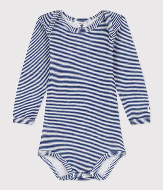 BODY MANCHES LONGUES À RAYURES BÉBÉ EN LAINE ET COTON bleu MEDIEVAL/blanc MARSHMALLOW