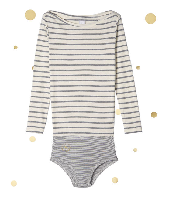 Body à manches longues femme. Petit bateau x Marie-Agnès Gillot beige COQUILLE/gris SUBWAY