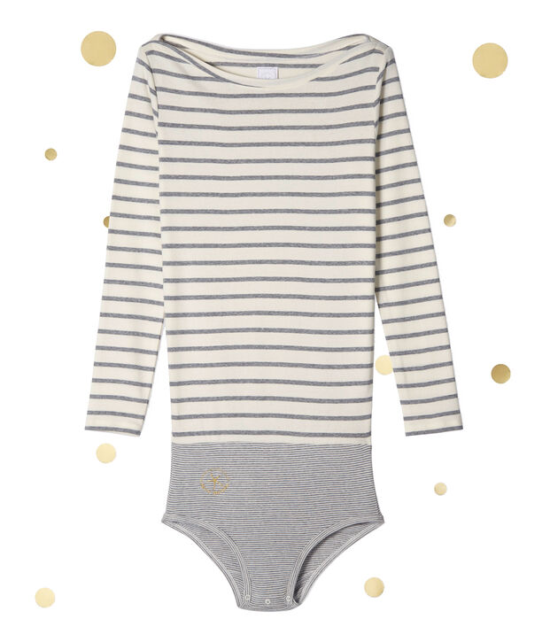 Body &agrave; manches longues femme. Petit bateau x Marie-Agn&egrave;s Gillot blanc/gris