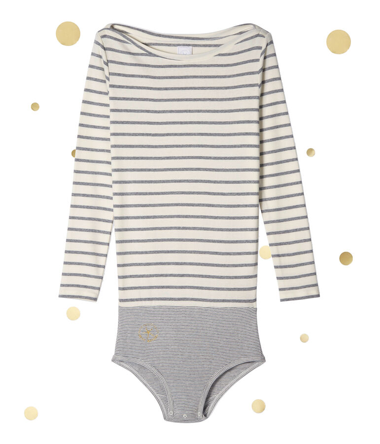 Body &agrave; manches longues femme. Petit bateau x Marie-Agn&egrave;s Gillot blanc/gris