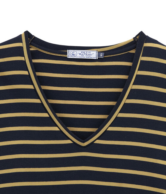 Tee shirt femme manches longues bleu SMOKING/jaune BRINDILLE SATIN