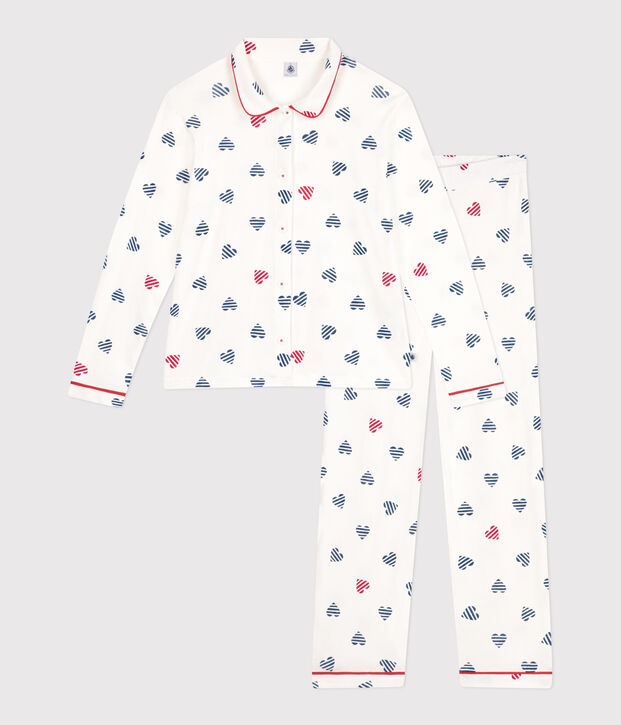 Pyjama femme en coton boutonn&eacute; imprim&eacute; c&oelig;urs blanc/multicouleur