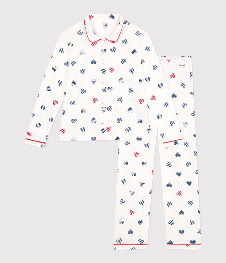 Pyjama femme en coton boutonn&eacute; imprim&eacute; c&oelig;urs blanc MARSHMALLOW/blanc MULTICO