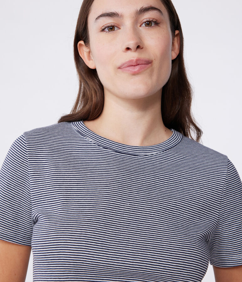 Tee-shirt L'ICONIQUE col rond en coton Femme bleu SMOKING/blanc MARSHMALLOW