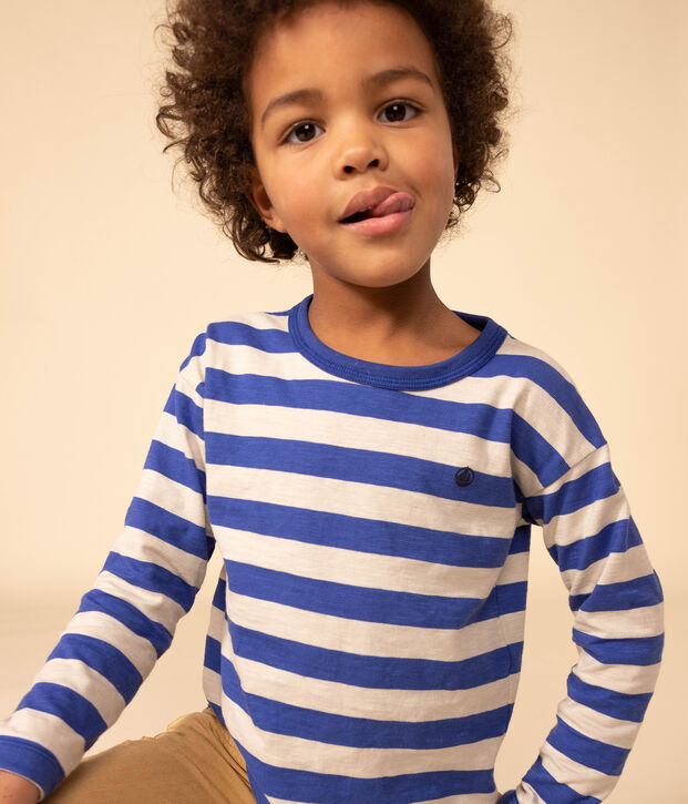 Tee-shirt manches longues en coton enfant gar&ccedil;on bleu/gris