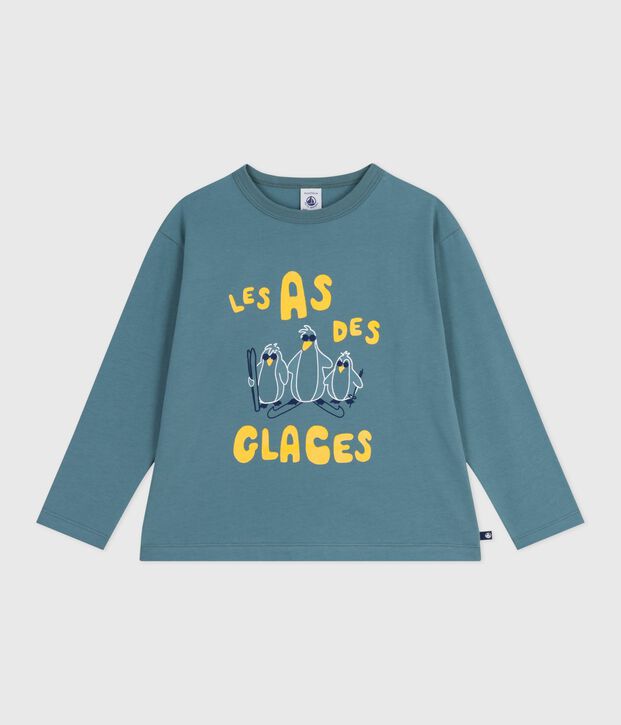 Tee-shirt enfant manches longues en coton imprim&eacute; bleu