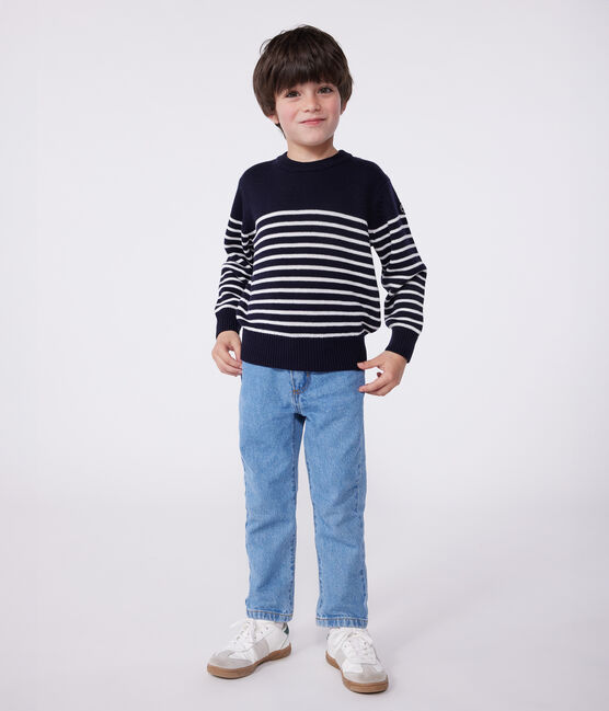 Pull marin enfant en laine et coton à rayures bleu SMOKING/blanc MARSHMALLOW