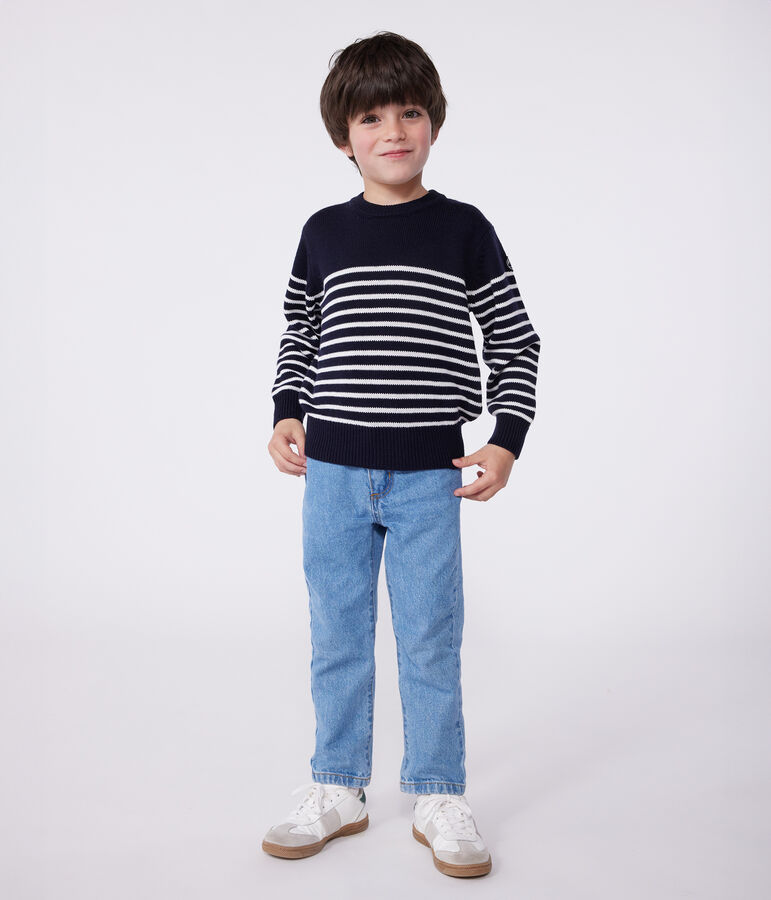 Pull marin enfant en laine et coton &agrave; rayures bleu SMOKING/blanc MARSHMALLOW