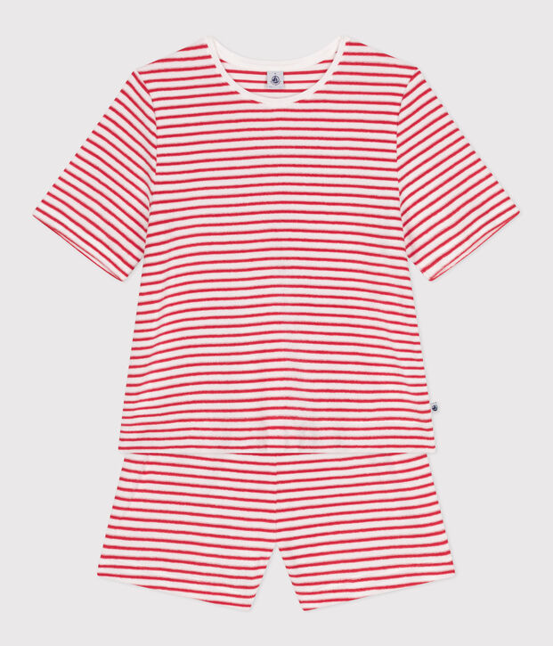Pyjama short femme en coton &agrave; rayures rouge/rouge