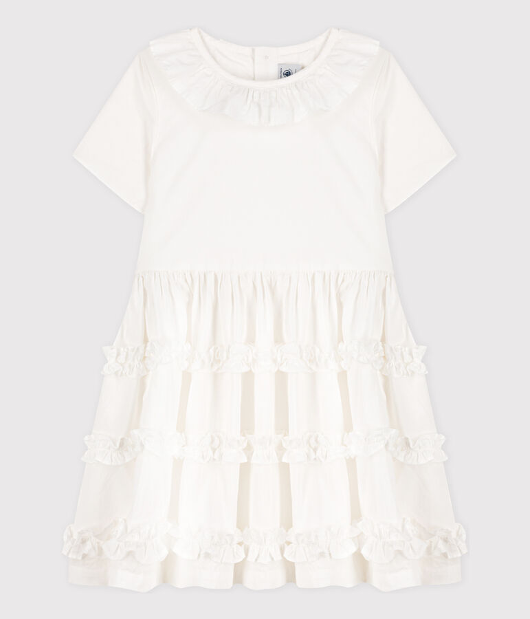 Robe manches courtes en popeline enfant fille blanc ECUME 1