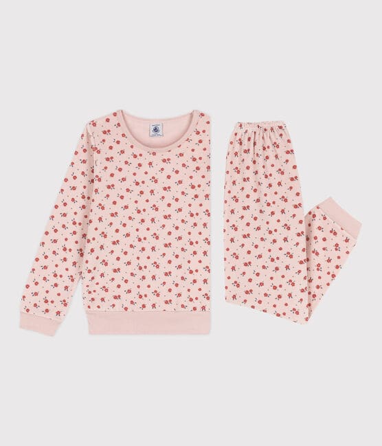 Pyjama fleur petite fille en velours rose SALINE/blanc MULTICO