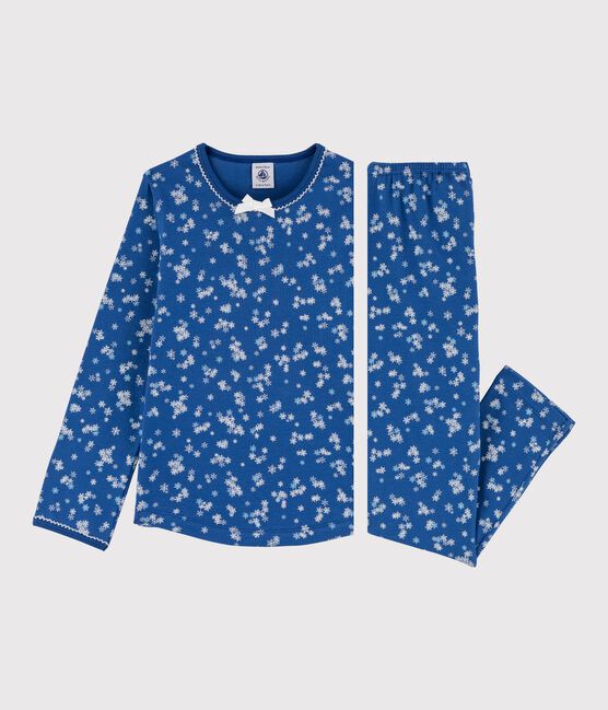 Pyjama petite fille imprimé flocons en côte bleu MAJOR/blanc ECUME