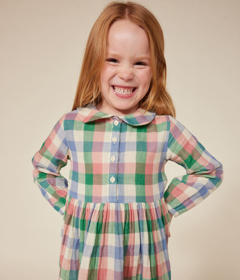 Robe manches longues en gaze de coton enfant fille &eacute;cru/multicouleur