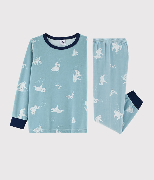 Pyjama imprim&eacute; y&eacute;ti en velours petit gar&ccedil;on bleu/blanc