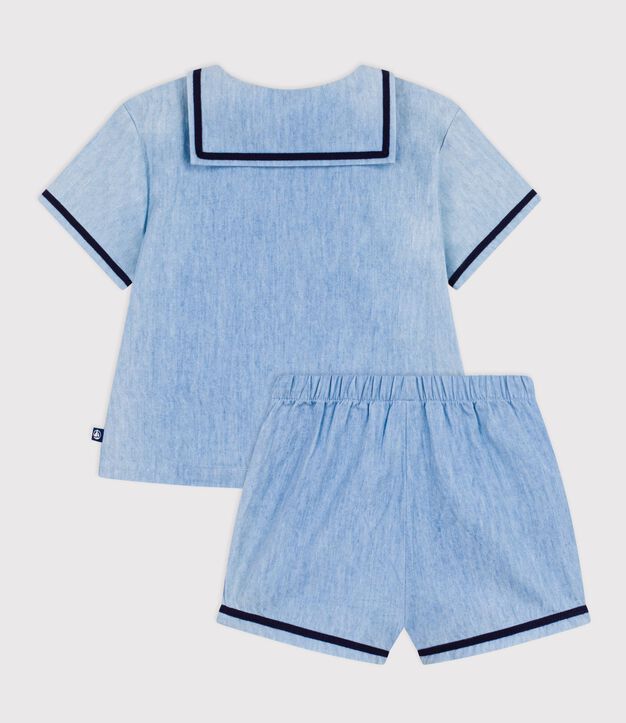 Ensemble b&eacute;b&eacute; 2 pi&egrave;ces en chambray, tee-shirt col vareuse bleu