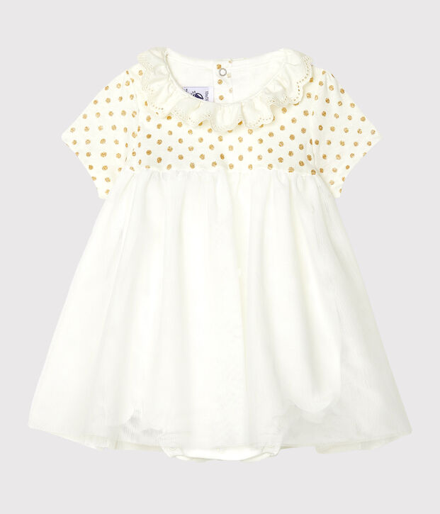 Robe body en coton lin b&eacute;b&eacute; fille blanc/jaune