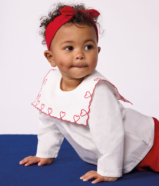 Blouse bébé en popeline de coton manches longues, brodée cœurs blanc ECUME
