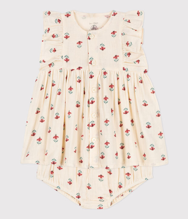 Robe et bloomer imprim&eacute;s en gaze de coton b&eacute;b&eacute; &eacute;cru/multicouleur