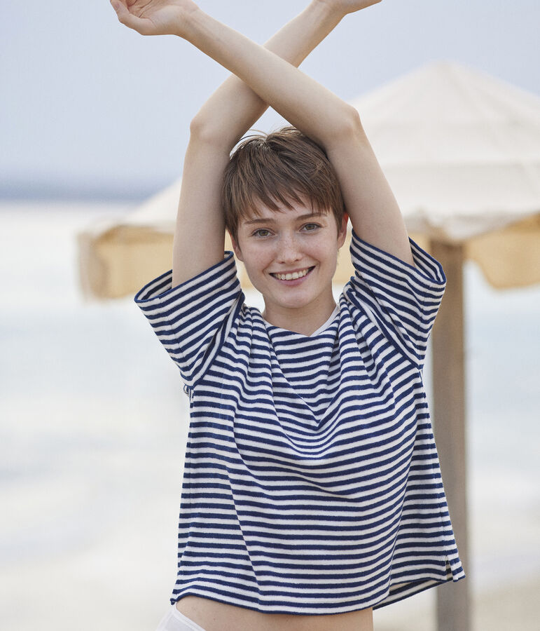 T-shirt LE BOXY en coton &eacute;ponge Femme bleu MEDIEVAL/blanc MARSHMALLOW
