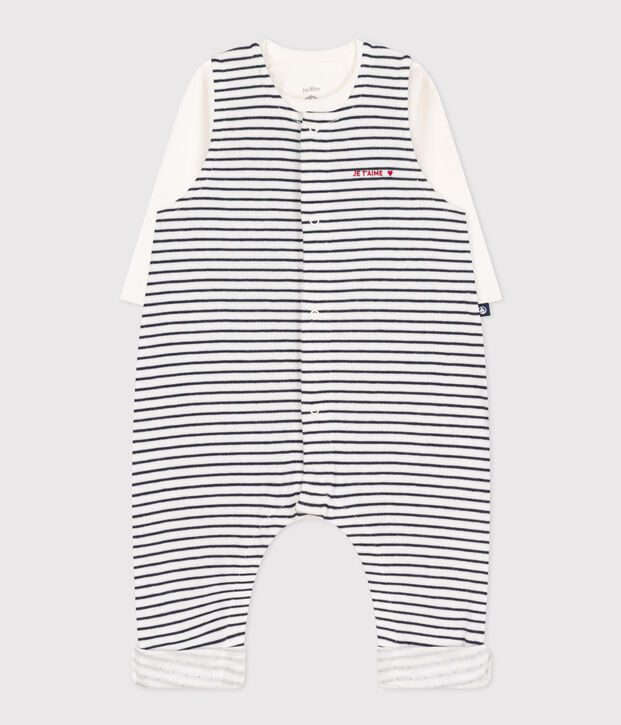 Ensemble combinaison et body en coton b&eacute;b&eacute; blanc/bleu
