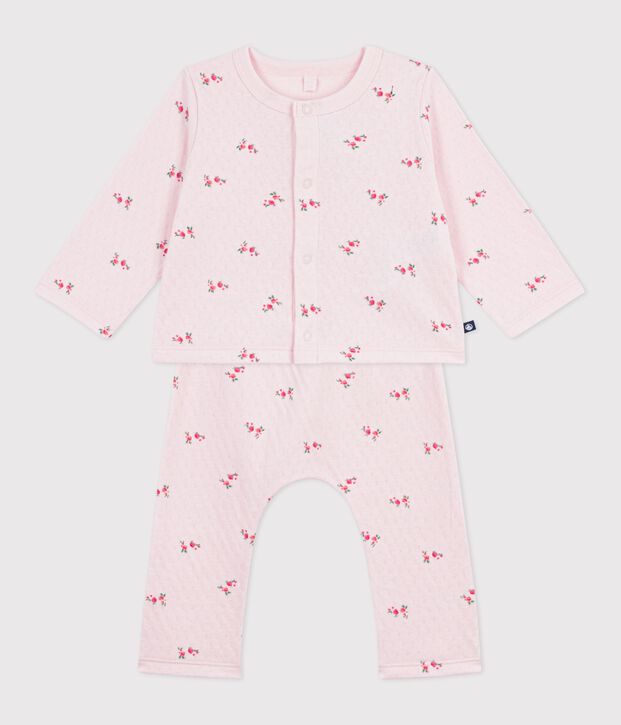 Ensemble long 2 pi&egrave;ces b&eacute;b&eacute; en coton, imprim&eacute; fleurs rose/multicouleur