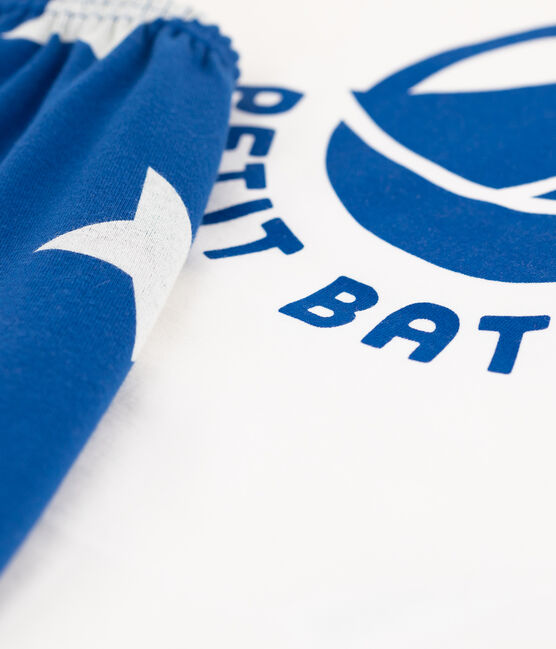 Pyjacourt logo Petit Bateau petit garçon en coton blanc MARSHMALLOW/bleu MAJOR