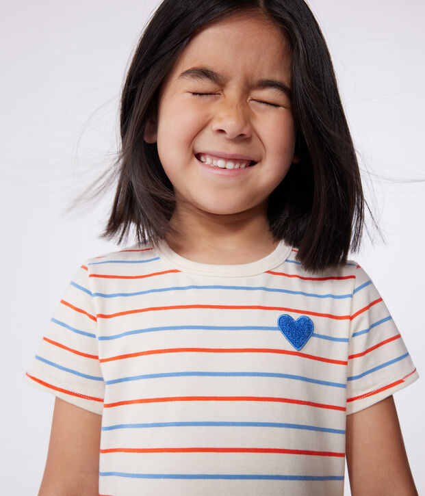 Robe enfant en coton manches courtes &agrave; rayures  et c&oelig;ur &eacute;cru/multicouleur