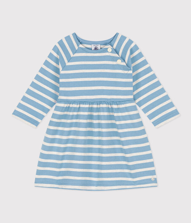 Robe manches longues en jersey &eacute;pais ray&eacute; b&eacute;b&eacute; bleu/beige