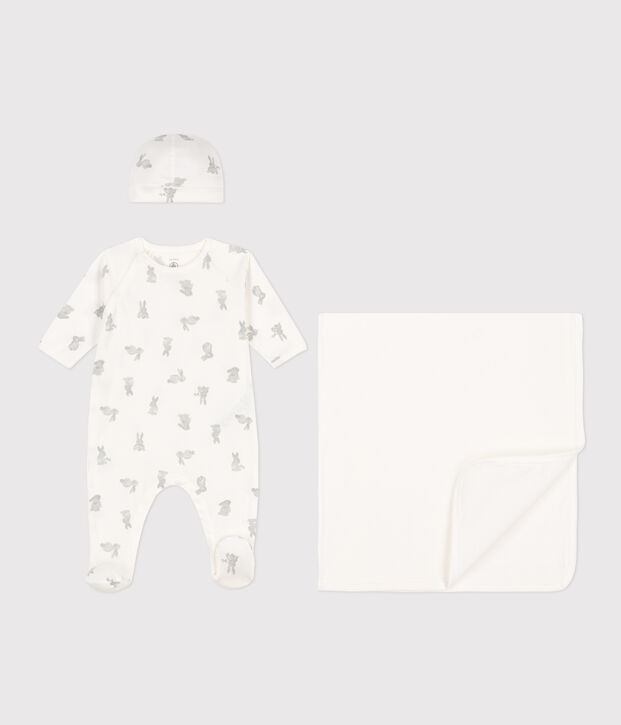 Lot 3 pi&egrave;ces en coton b&eacute;b&eacute; blanc/gris