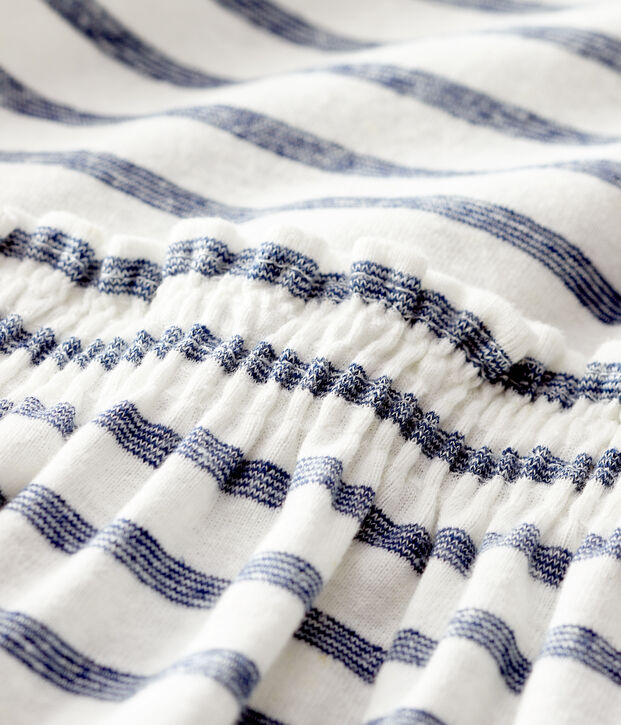 Robe manches courtes en coton/lin ray&eacute; b&eacute;b&eacute; fille blanc/bleu